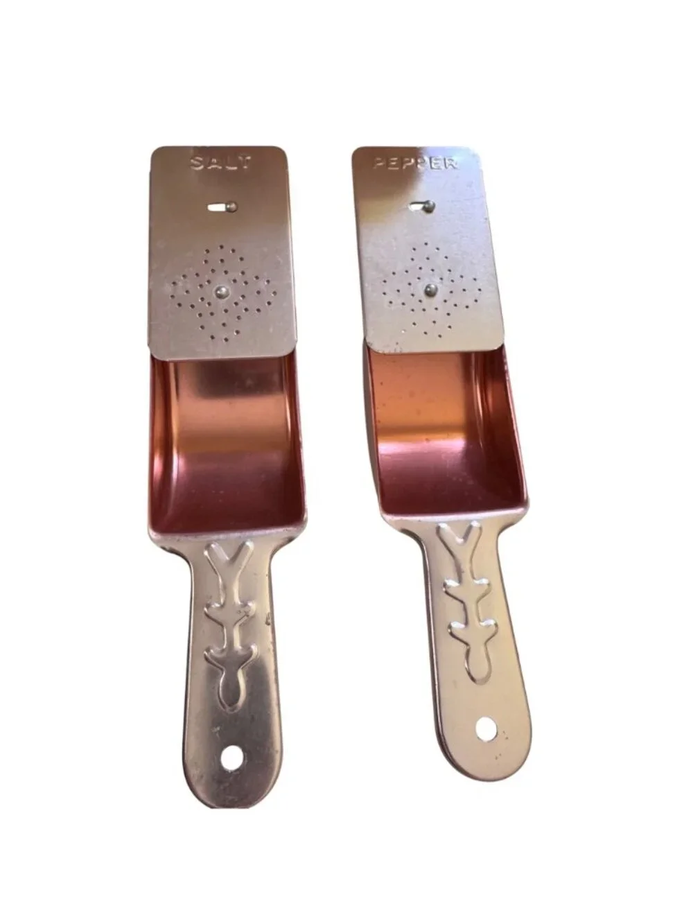 Vintage Copper Aluminum Salt & Pepper Shakers With Handles MCM Set of 2 Retro